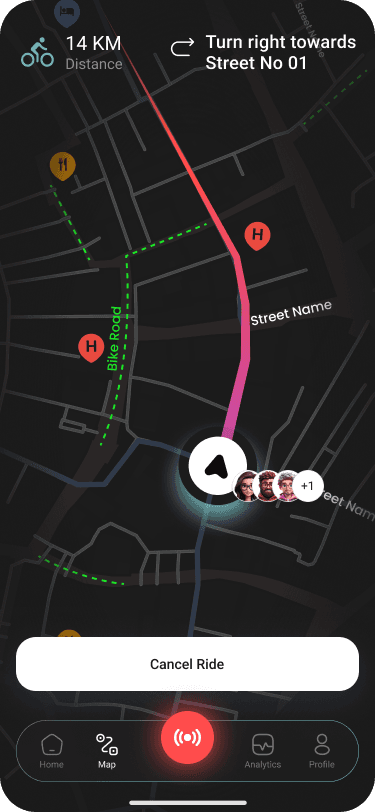 The Tail app showing a live group ride map